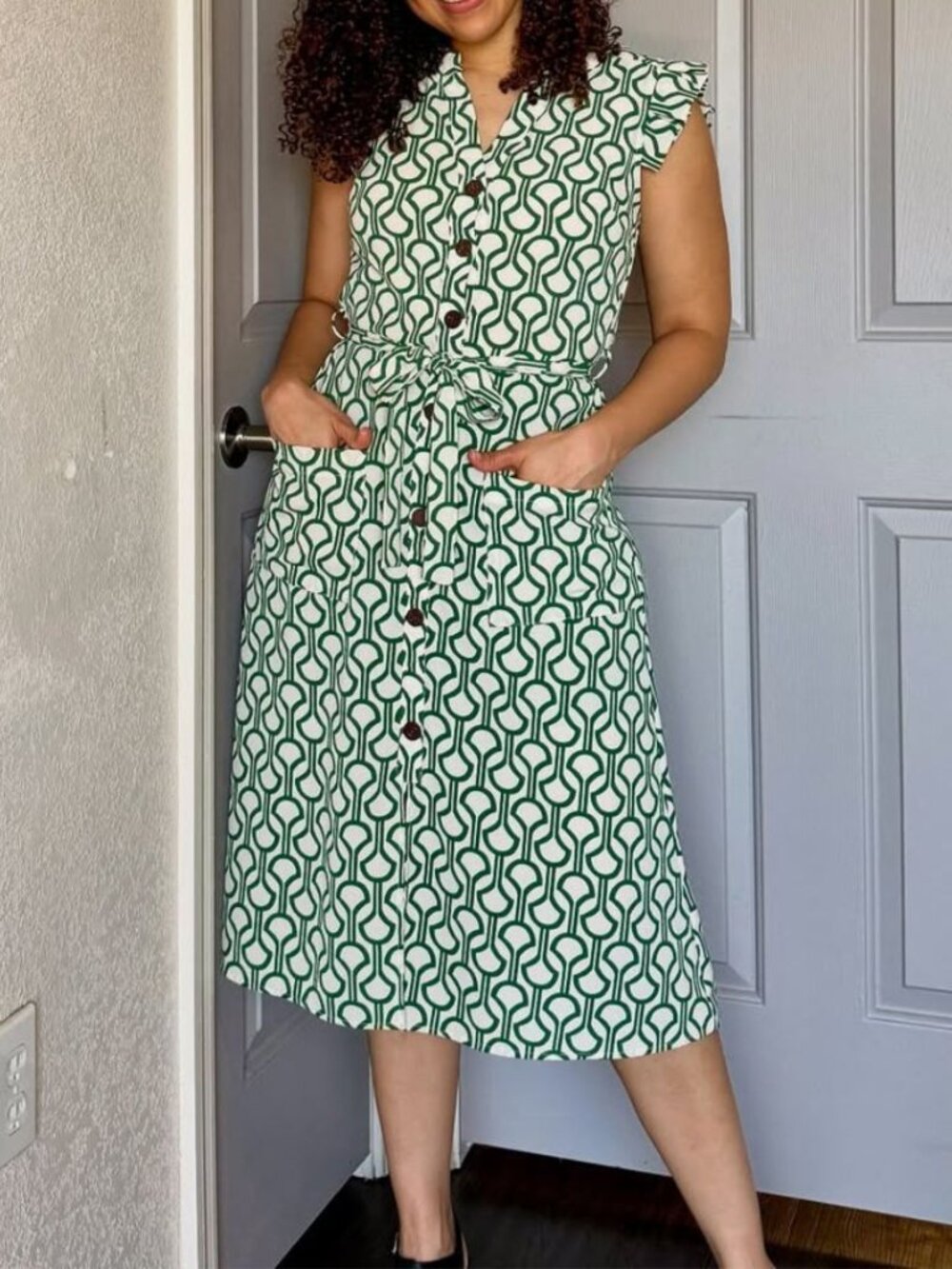Monteau - Button-Up Flutter Sleeve Midi Dress 500362 | Medium | White Green Geo